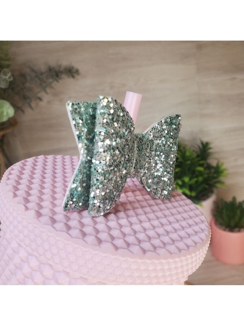 Small Teal Green Blue Glitter Sequin Bow Straw Topper Tumbler Accessory - Picture 4 of 7